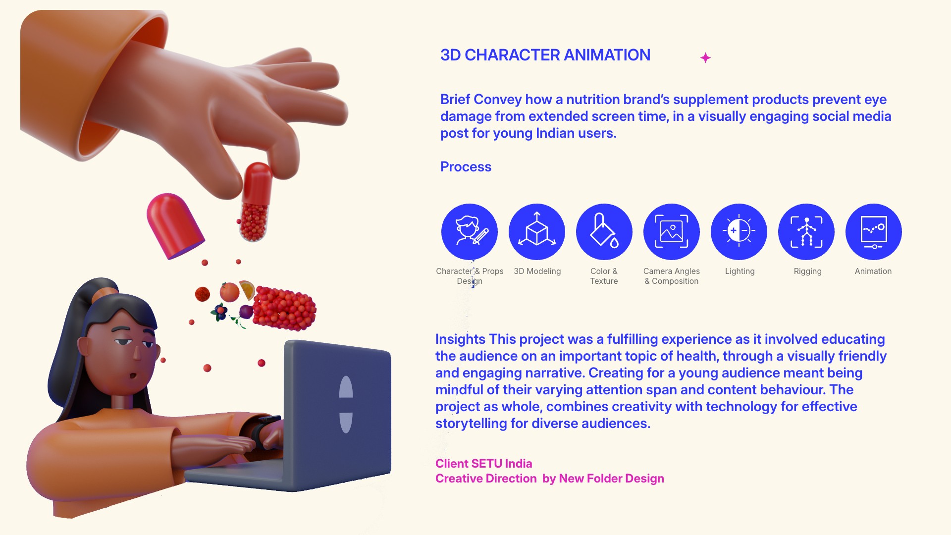 SETU India — brief, process and insights overview with the 3D character at her laptop