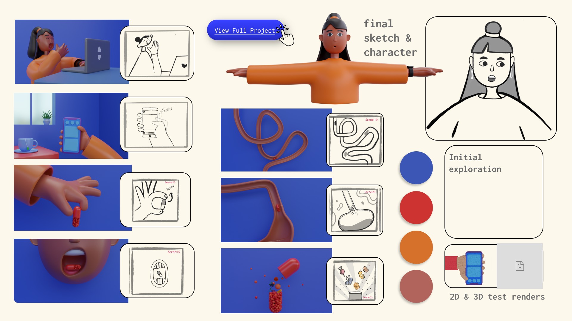 Storyboard sketches beside their final 3D renders, the final character, palette, and test renders